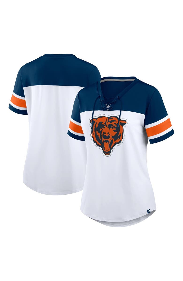 FANATICS Women's Fanatics White/Navy Chicago Bears Athena Rhinestone Lace-Up V-Neck T-Shirt, Main, color, White
