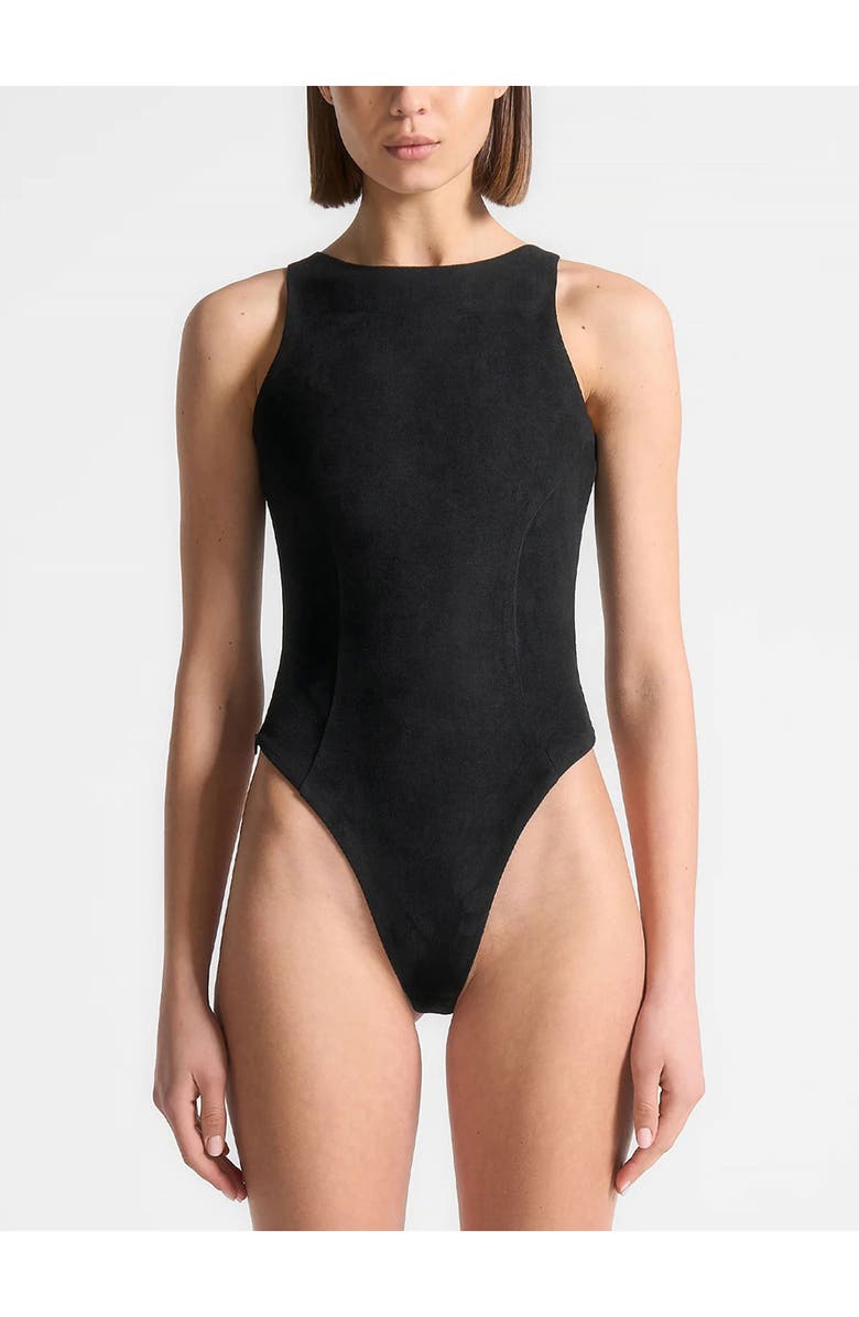 Manière De Voir Adele Suede Racer Neck Bodysuit, Main, color, 