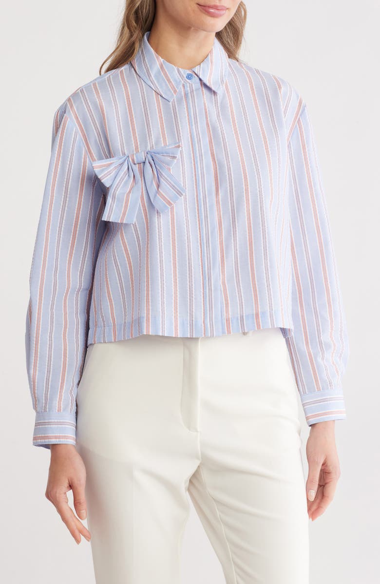 Nanette Lepore Stripe Bow Poplin Button-Up Shirt, Main, color, Blue/ White Stripe