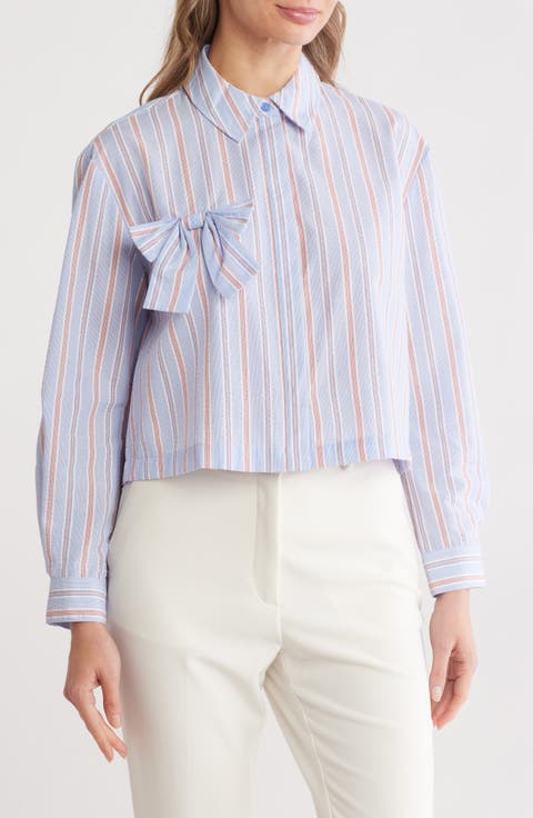 Stripe Bow Poplin Button-Up Shirt