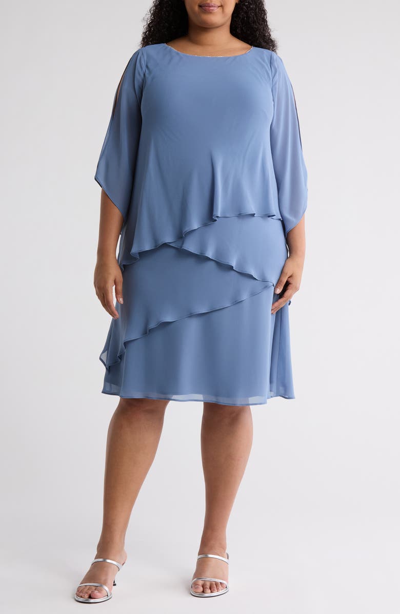 knee length dresses for ladies Final Sale Plus Size 2pc Chiffon Long Sleeve Crop Top and Highlow Ruff –  Chic And Curvy main image 0