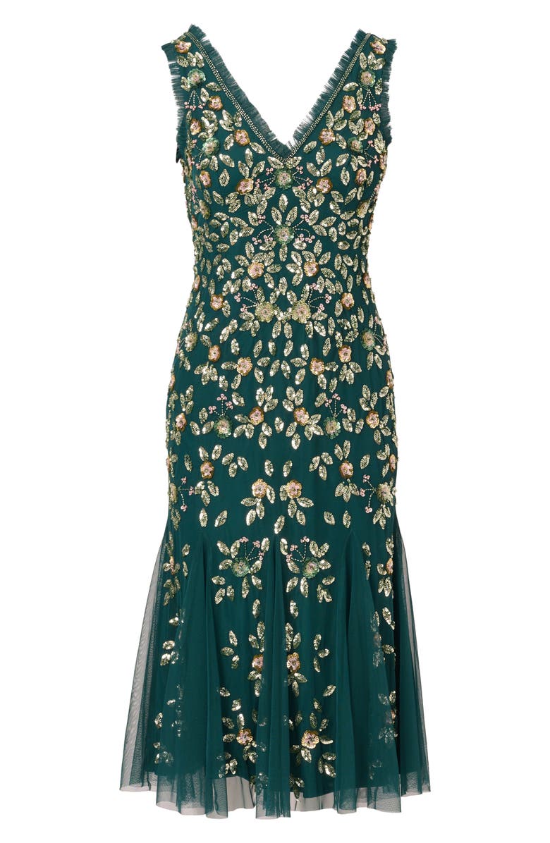 Adrianna Papell Ruffle Beaded Midi Mermaid Cocktail Dress, Alternate, color, 