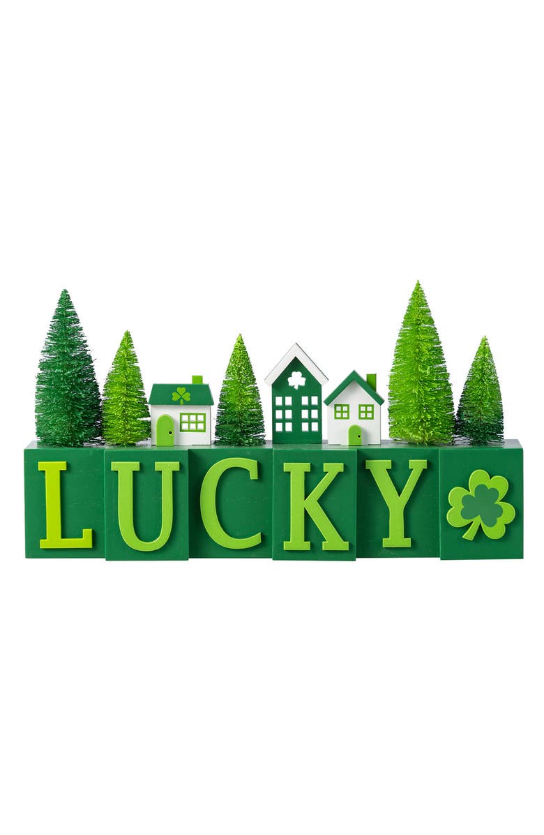 Glitzhome St. Patrick's Wooden House Brush Trees LUCKY Table Decor, Main, color, Green