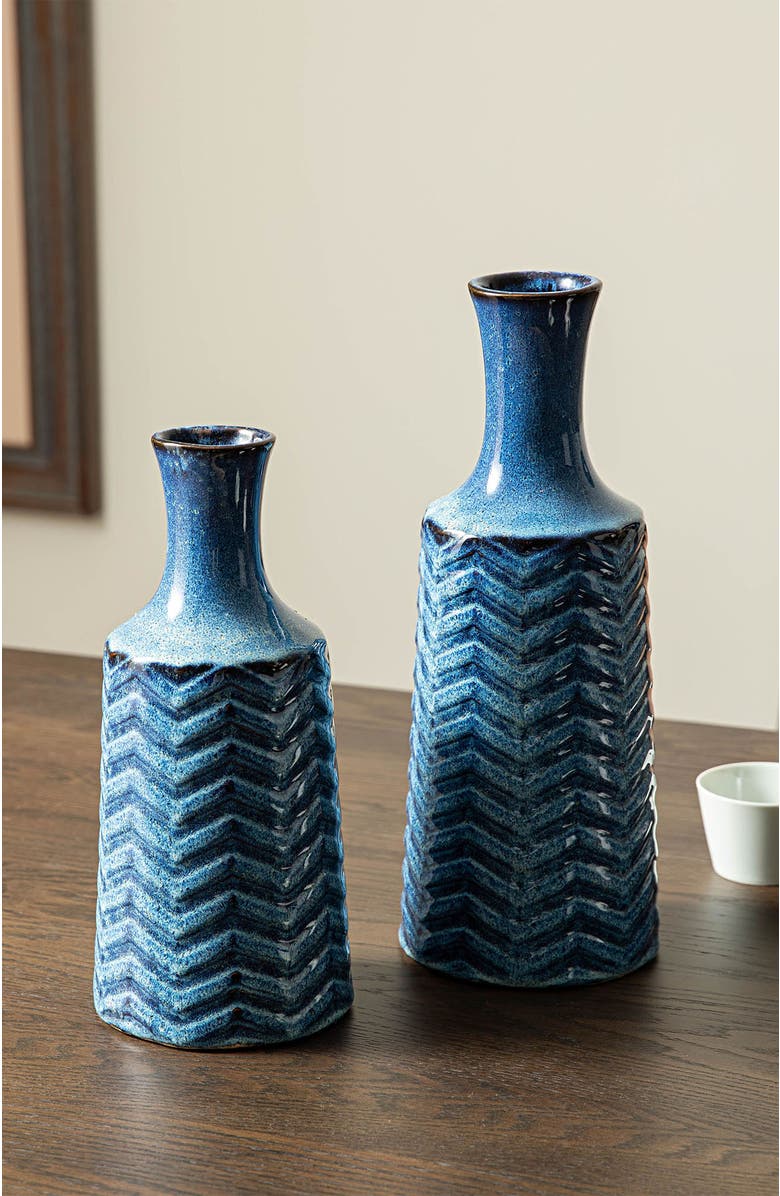 Glitzhome Set of 2 Modern Chevron Ceramic Table Vases, Alternate, color, Blue
