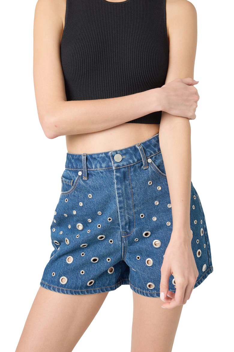 Grommet High Waist Denim Shorts, Alternate, color, SILVER DREAMS