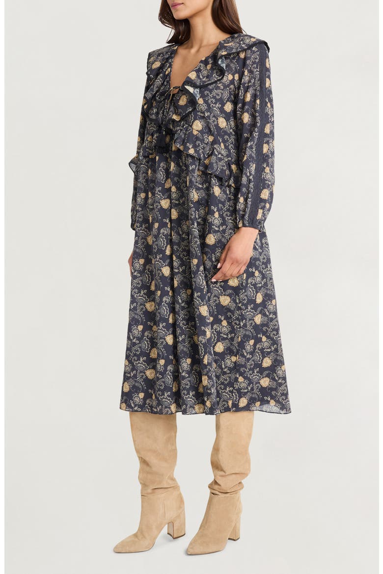 Ruffle Floral Print Long Sleeve Cotton Midi Dress, Alternate, color, BLACK/ TAUPE/ CREAM