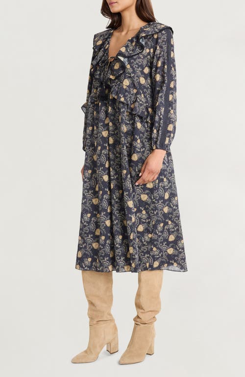 The Good Journey Ruffle Floral Print Long Sleeve Cotton Midi Dress In Black