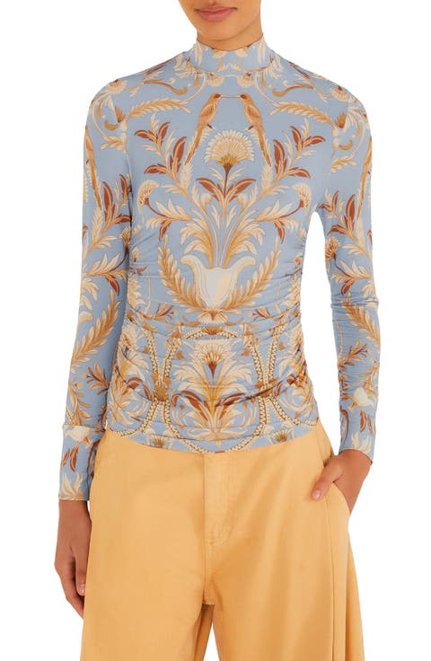 Blooming Garden Ruched Mock Neck Long Sleeve Top