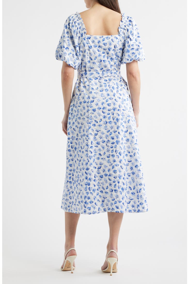 Floral Puff Sleeve Cotton Midi Dress, Alternate, color, BELLFLOWER BLUE