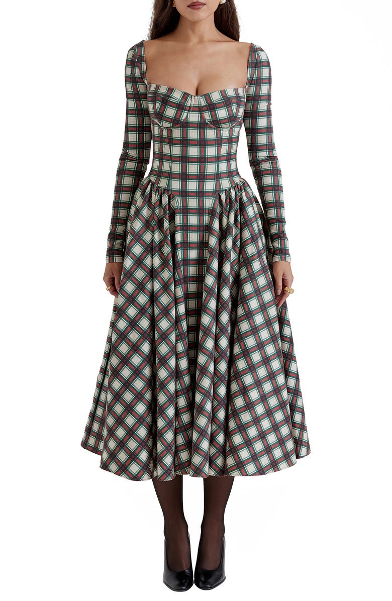 HOUSE OF CB Eliza Tartan Long Sleeve Midi Dress, Main, color, 