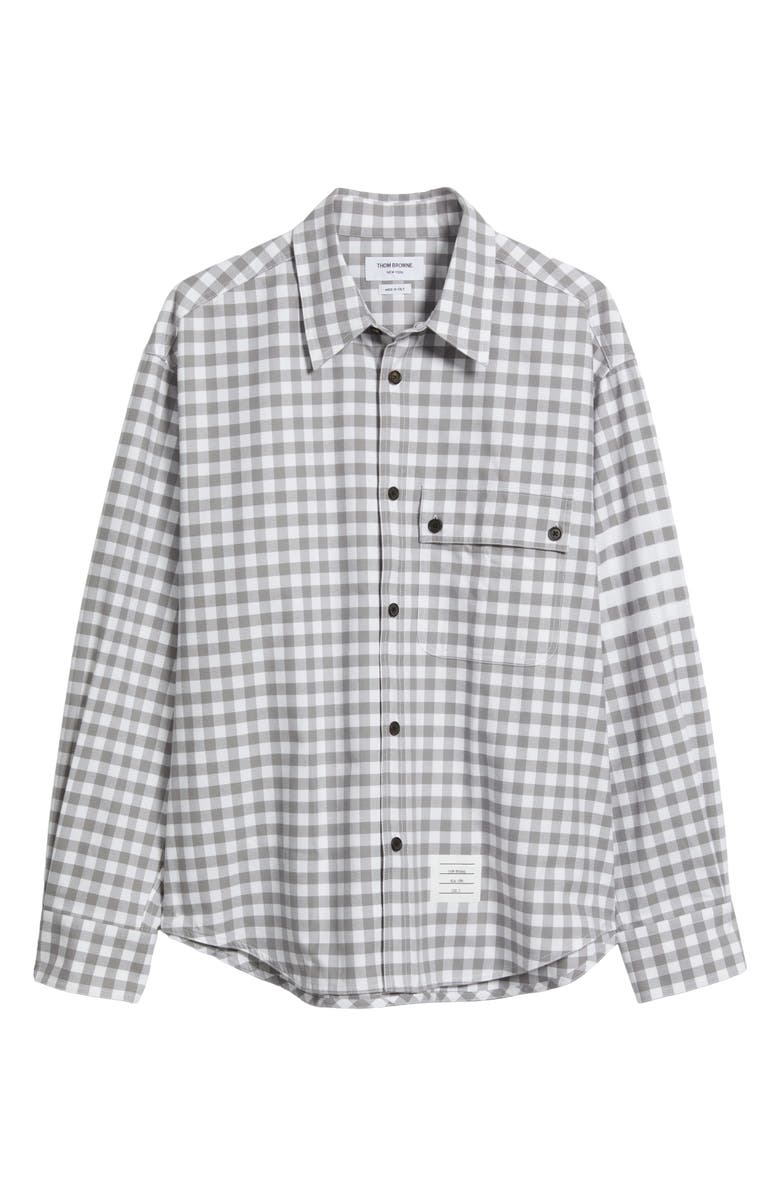 Thom Browne Oversize 4-Bar Gingham Check Flannel Button-Up Shirt, Alternate, color, Medium Grey