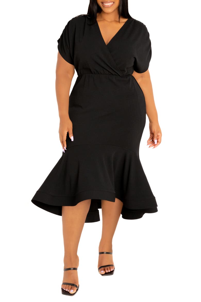 Wrap Front Flounce Hem High-Low Mermaid Midi Dress, Main, color, BLACK