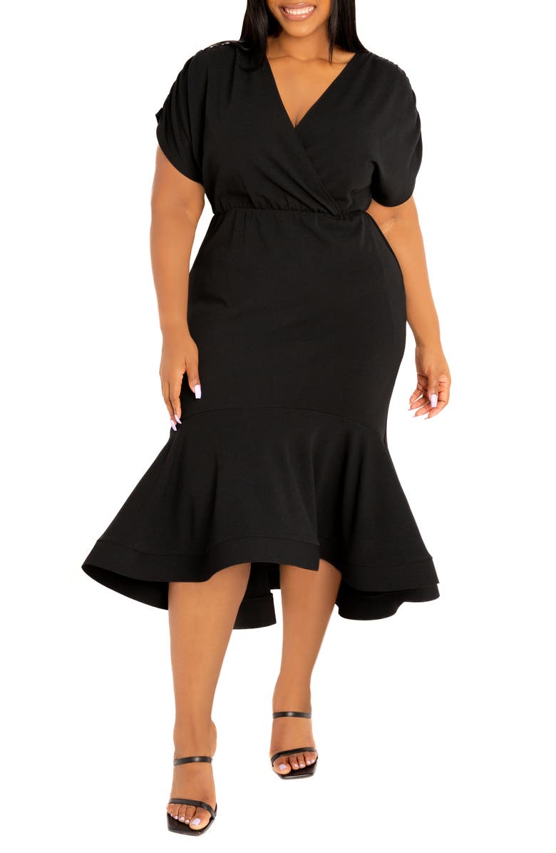 BUXOM COUTURE Wrap Front Flounce Hem High-Low Mermaid Midi Dress, Main, color, Black