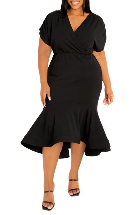 Wrap Front Flounce Hem High-Low Mermaid Midi Dress (Plus)