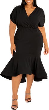 BUXOM COUTURE Wrap Front Flounce Hem High-Low Mermaid Midi Dress