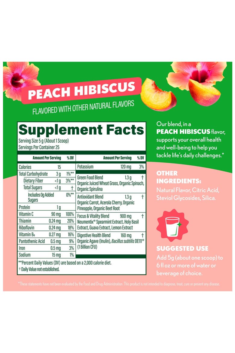 Sweet Greens Superfood Powder Peach Hibiscus 25 Servings, Alternate, color, None