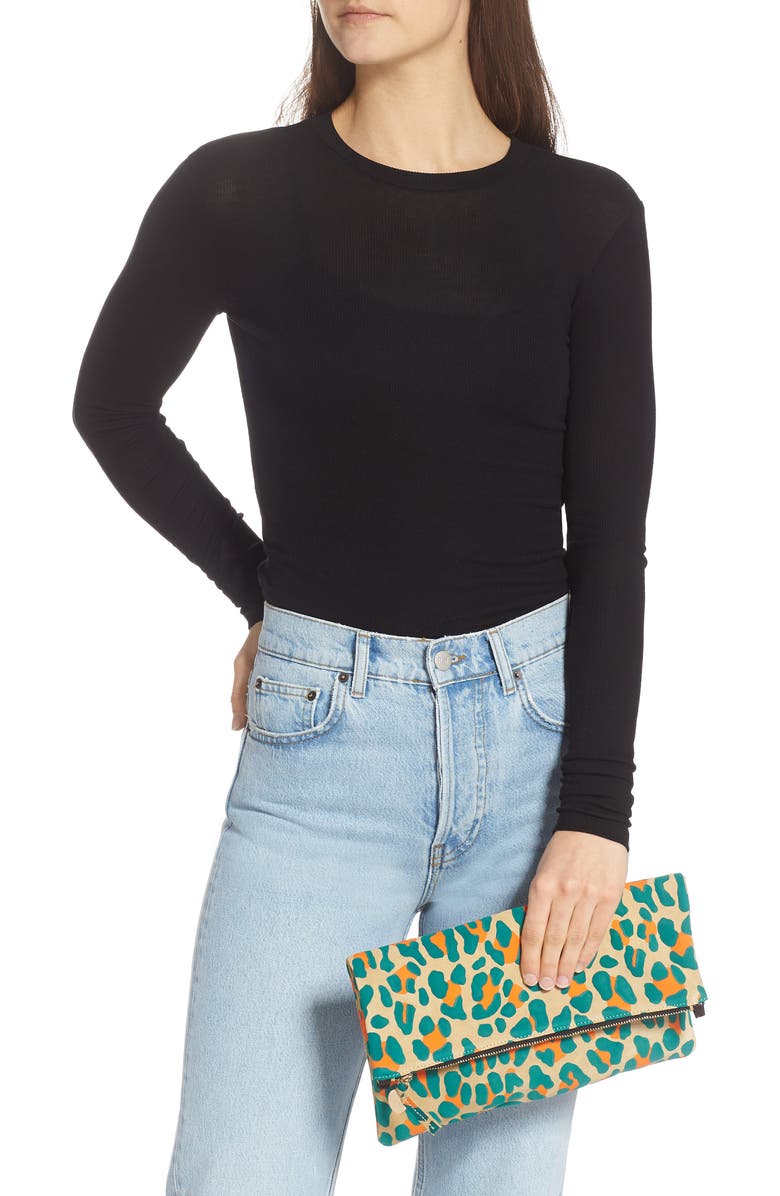Clare V. Leopard Print Suede Foldover Clutch, Alternate, color,