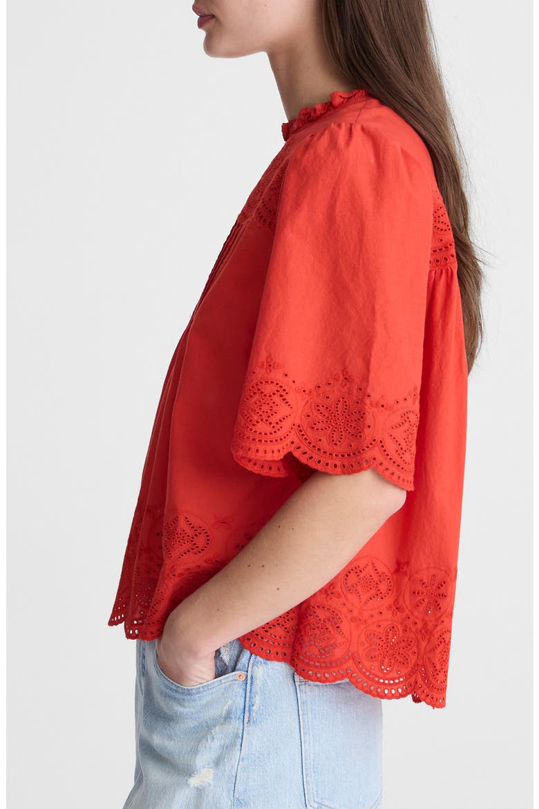 Embroidered Pintuck High Neck Cotton Voile Top, Alternate, color, WILD POPPY