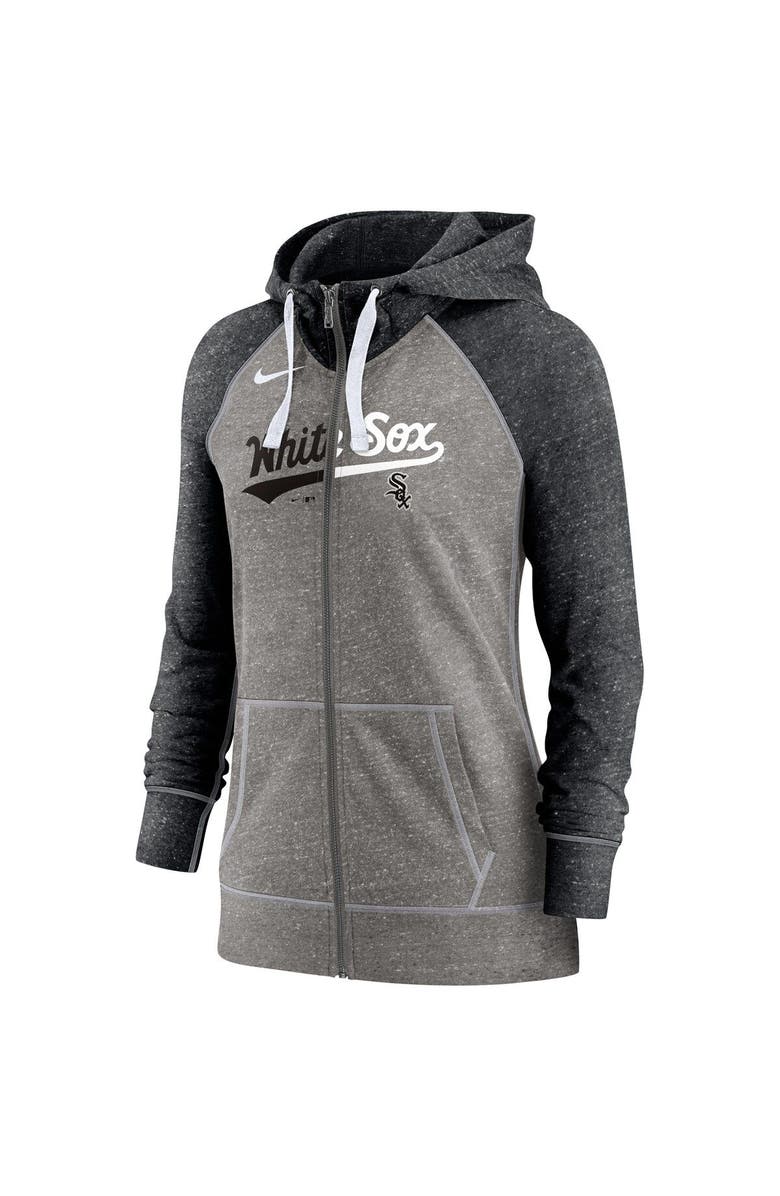 Nike Women's Nike Heathered Charcoal/Heathered Black Chicago White Sox Split Wordmark Gym Vintage Raglan Slub Full-Zip Hoodie, Alternate, color, Heather Charcoal