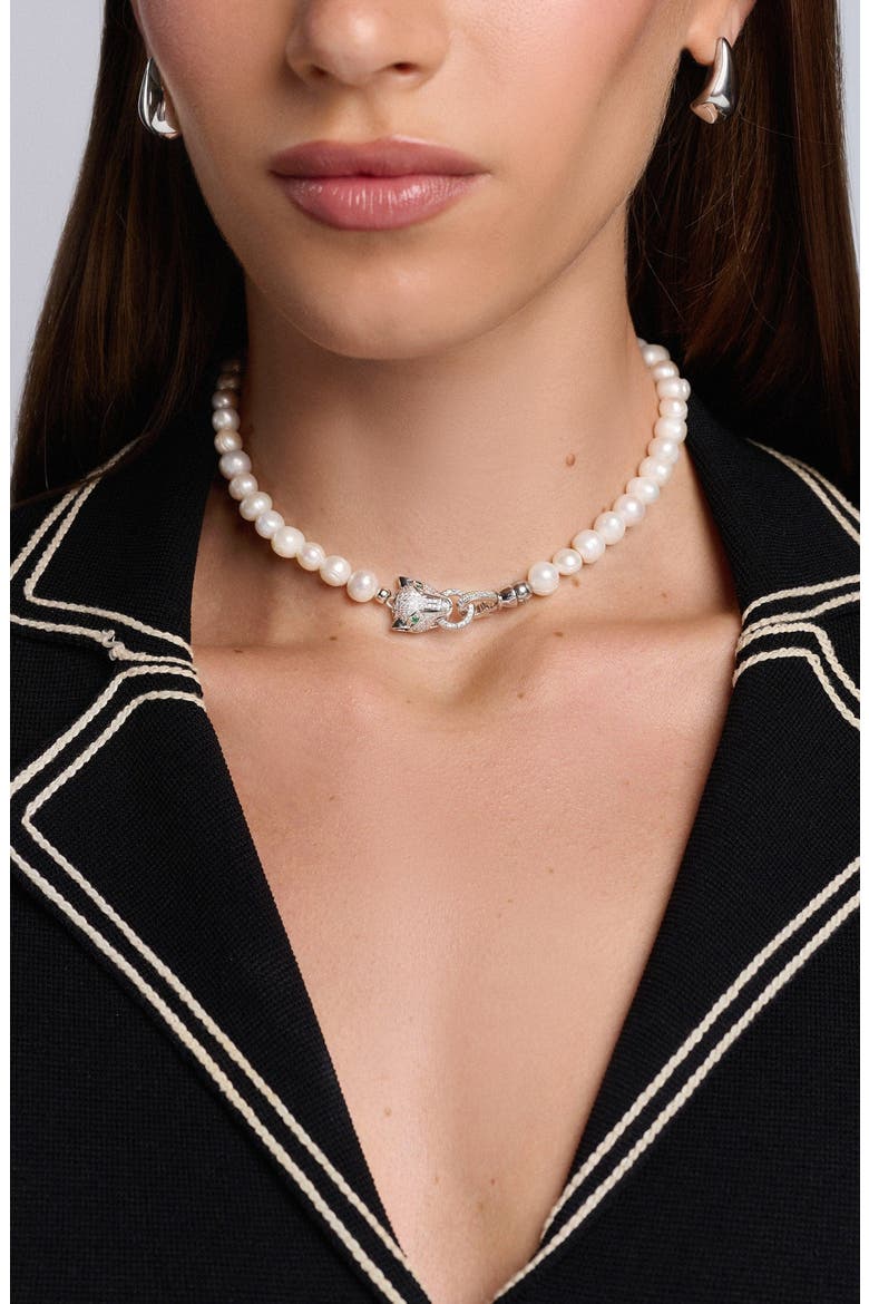 Panther Head Pearl Choker, Alternate, color, White Pearls / Silver Panther