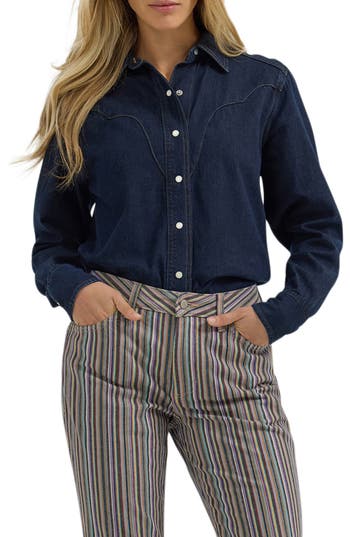 Wrangler Western Cotton Denim Shirt In Frosted Denim