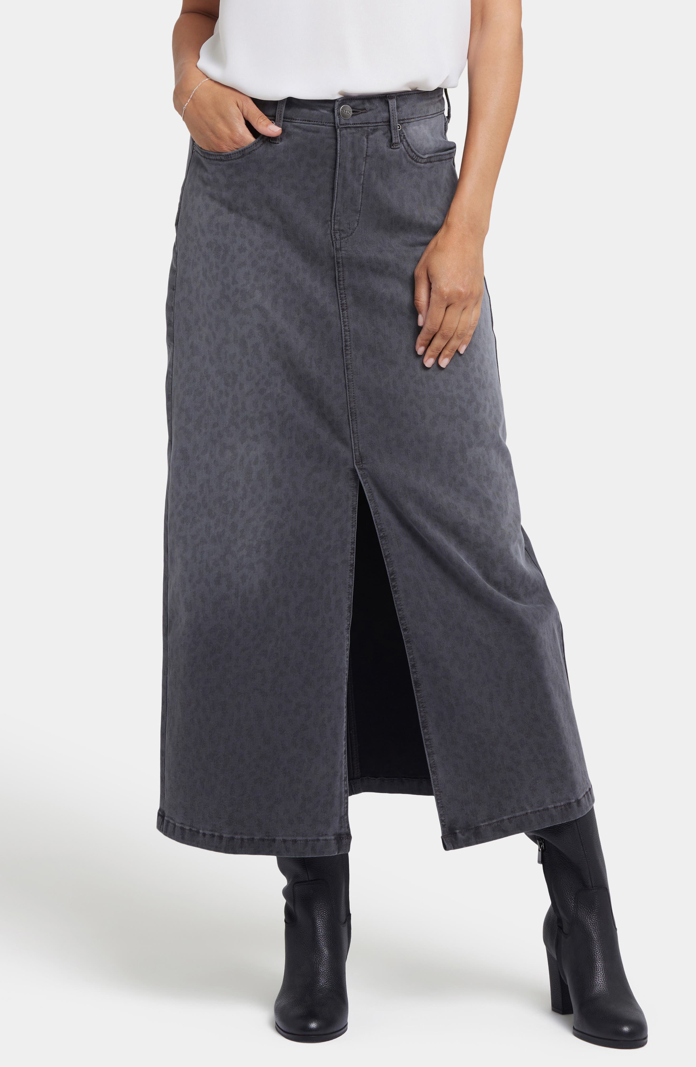 High Waist Slit Front Denim Maxi Skirt