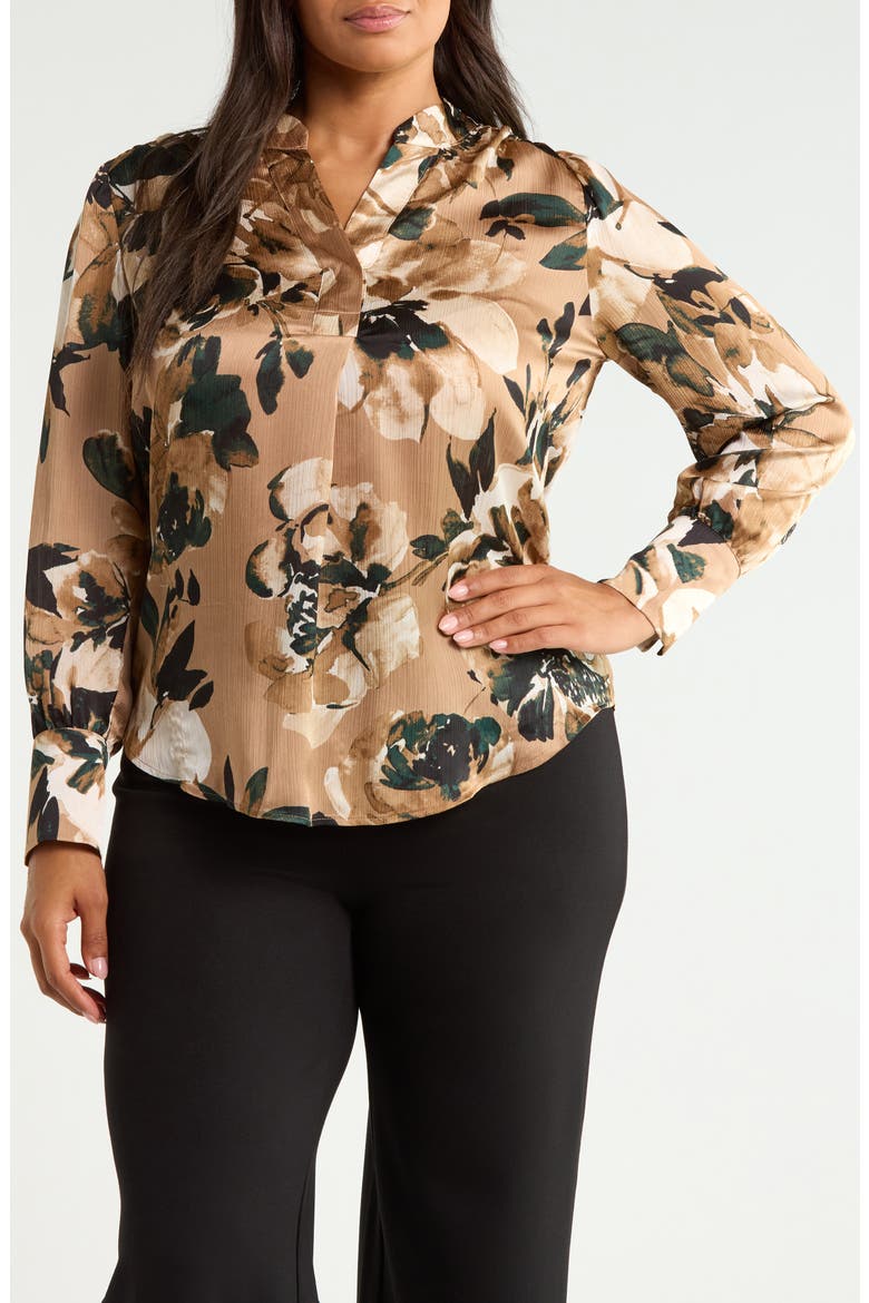 Pleated Front V-Neck Long Sleeve Top, Main, color, LIGHT COFFEE MULTI