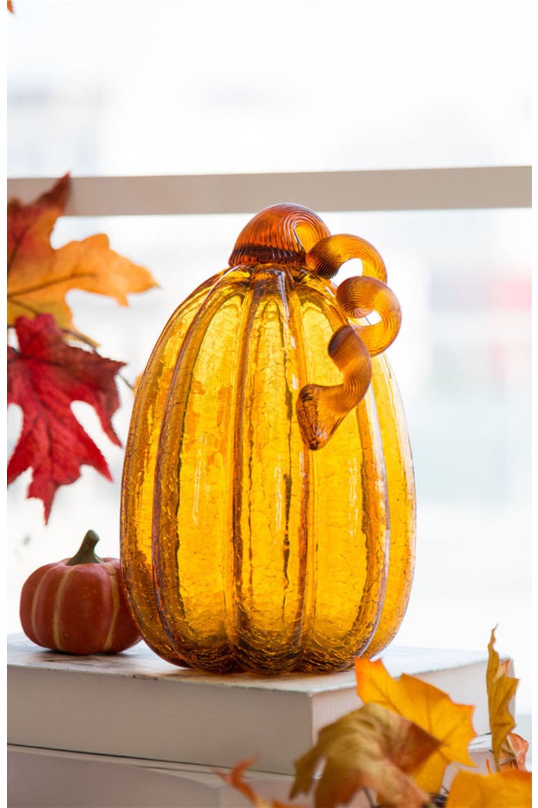 Amber Crackle Tall Glass Pumpkin Decor, Alternate, color, Orange