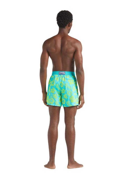 Vilebrequin Ultra-light And Packable Flocked Swim Shorts Tropical Turtle In Blue
