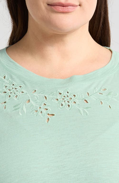 Wit & Wisdom Embroidered Eyelet Cap Sleeve T-shirt In Vintage Jade
