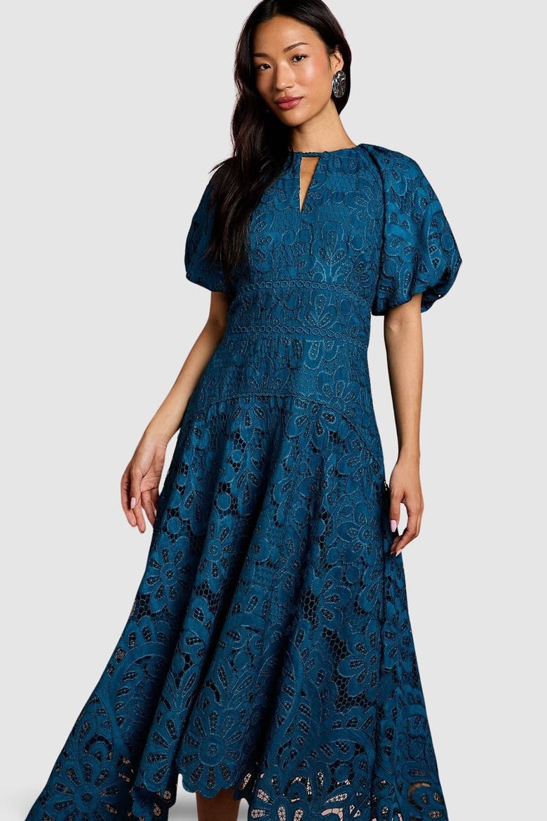 Lace Hanky Hem Puff Sleeve Dress, Alternate, color, Teal