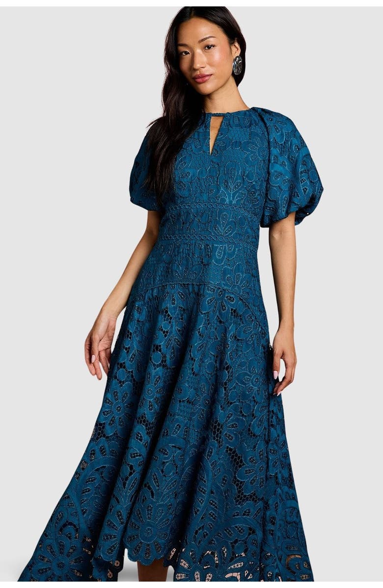 Coast Lace Hanky Hem Puff Sleeve Dress, Alternate, color, Teal