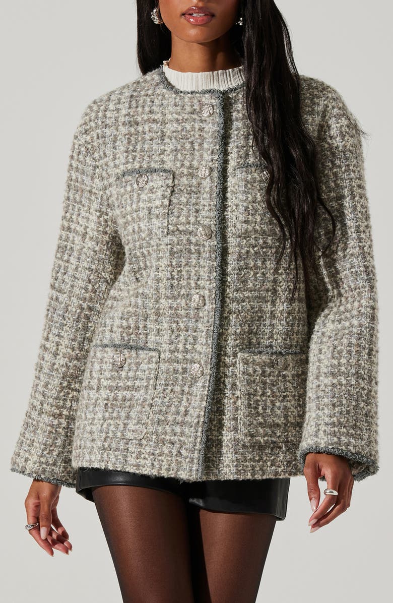 ASTR the Label Perona Plaid Bouclé Knit Coat, Main, color, Grey Taupe