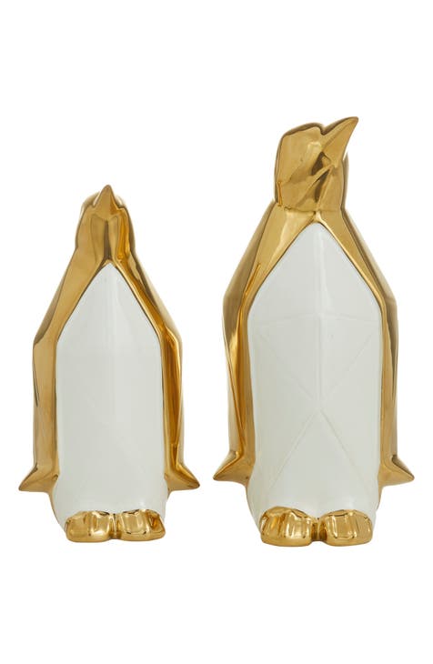 Goldtone Porcelain Glam Penguin Sculpture - Set of 2