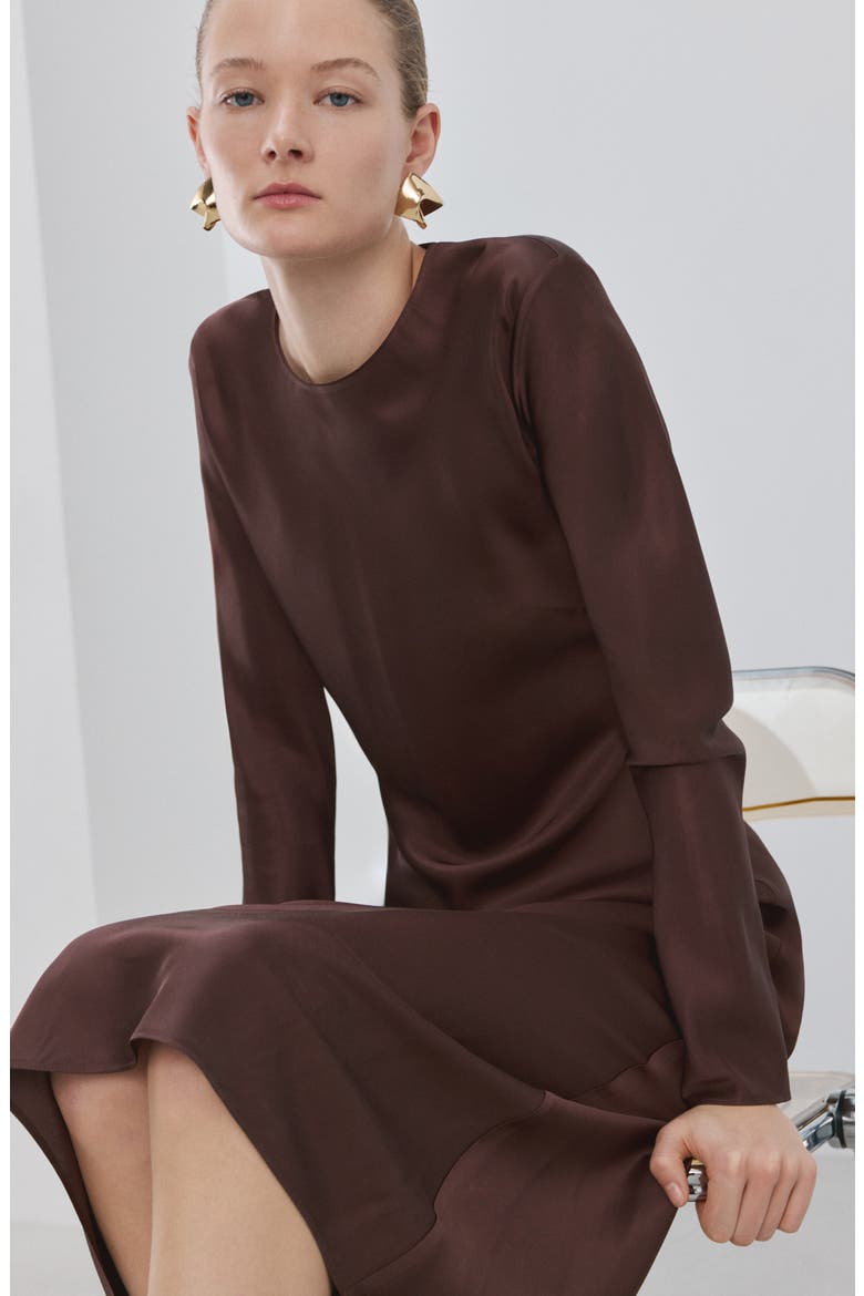 Long Sleeve Satin Midi Dress, Alternate, color, BROWN