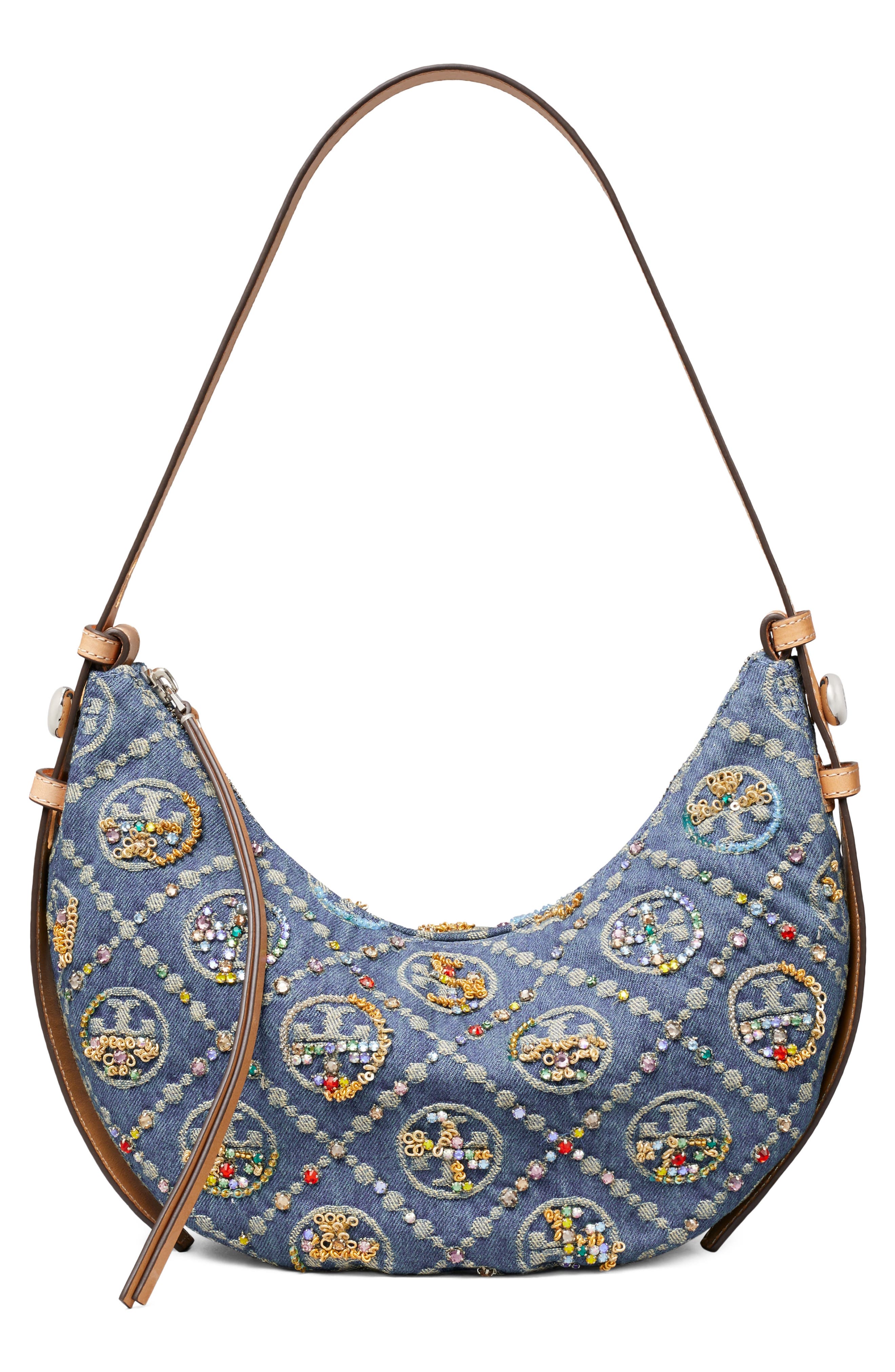 Romy T Monogram Embellished Denim Half Moon Bag, Main, color, BOAT HOUSE
