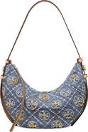 Tory Burch Romy T Monogram Embellished Denim Half Moon Bag