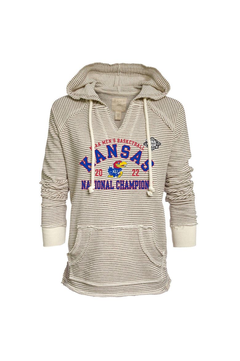 Women's Blue 84 Cream/Gray Kansas Jayhawks 2022 NCAA Men's Basketball National Champions French Terry V-Neck Pullover Hoodie, Alternate, color, Cream