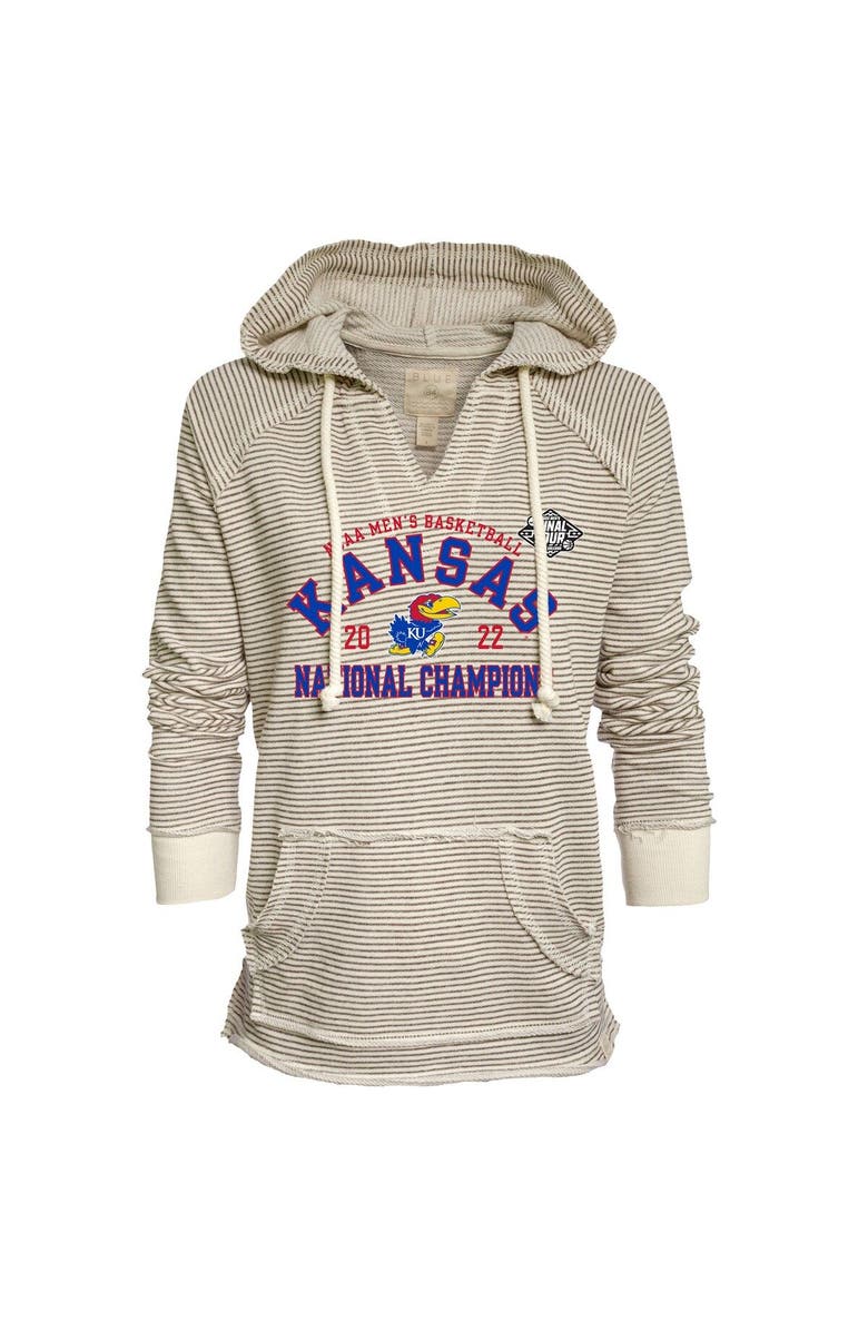 BLUE 84 Women's Blue 84 Cream/Gray Kansas Jayhawks 2022 NCAA Men's Basketball National Champions French Terry V-Neck Pullover Hoodie, Alternate, color,
