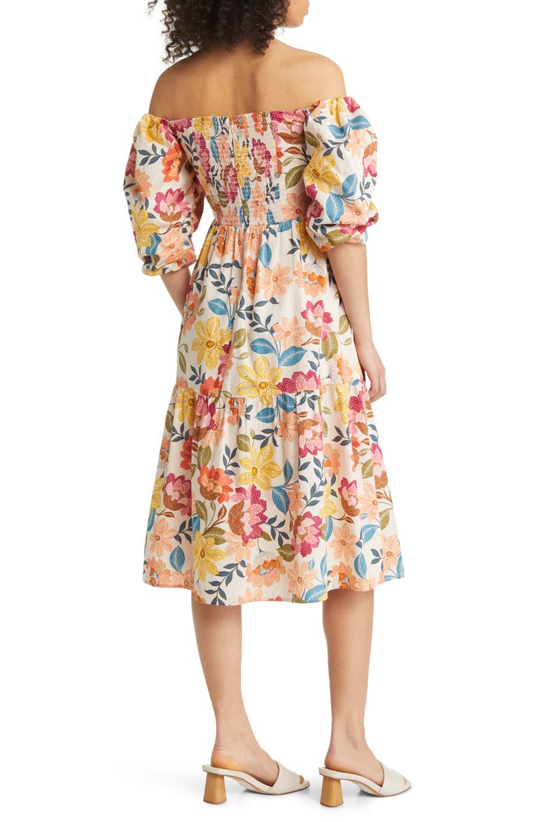 Floral Off the Shoulder Stretch Cotton Midi Dress, Alternate, color, IVORY MULTI