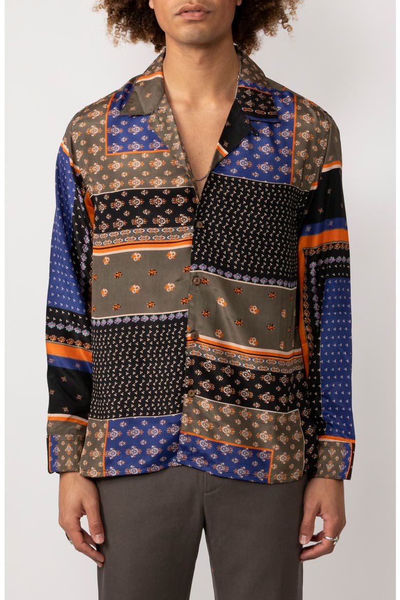 Harsith Patchwork Button-Up Shirt, Main, color, COCOA