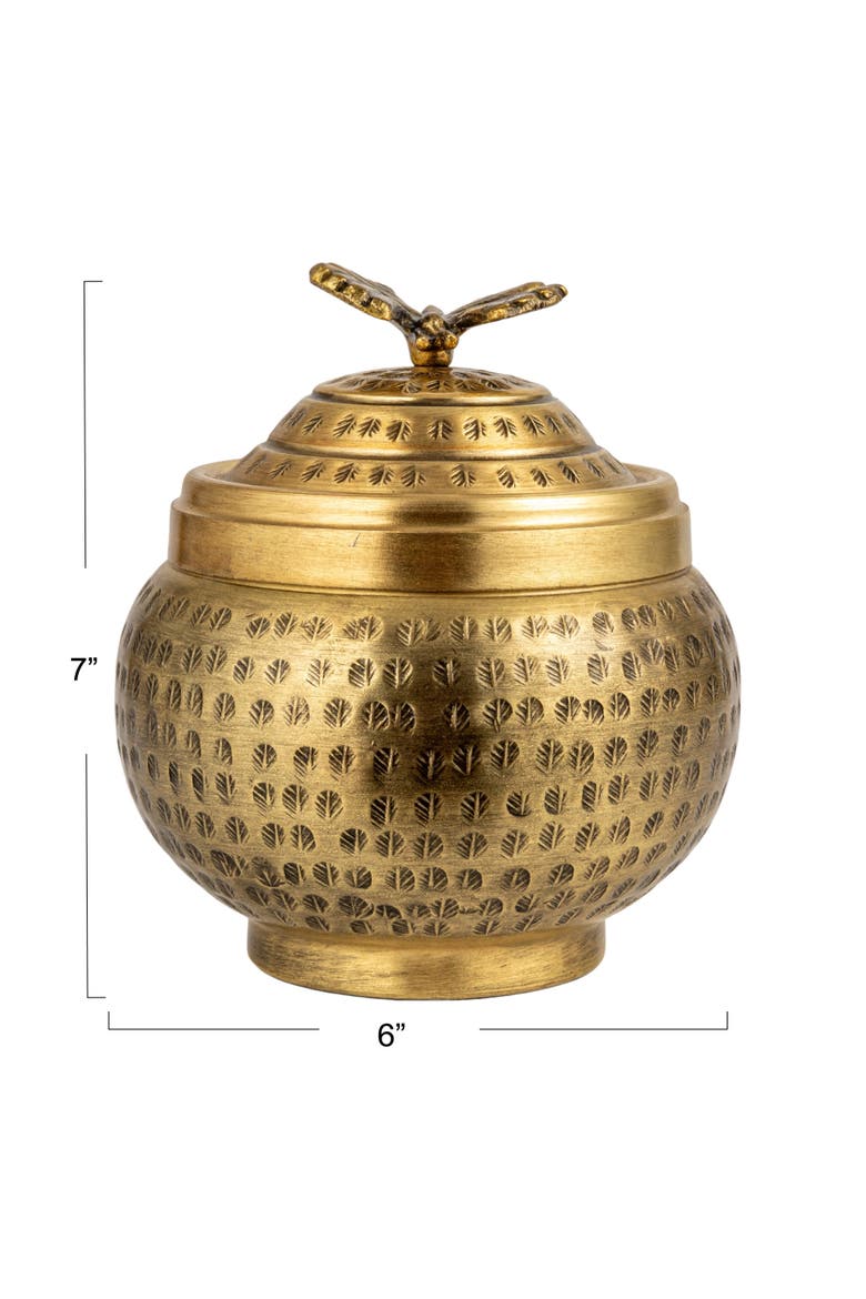 Round Hammered Metal Container with Butterfly Finial, Brass Finish, Alternate, color, Gold
