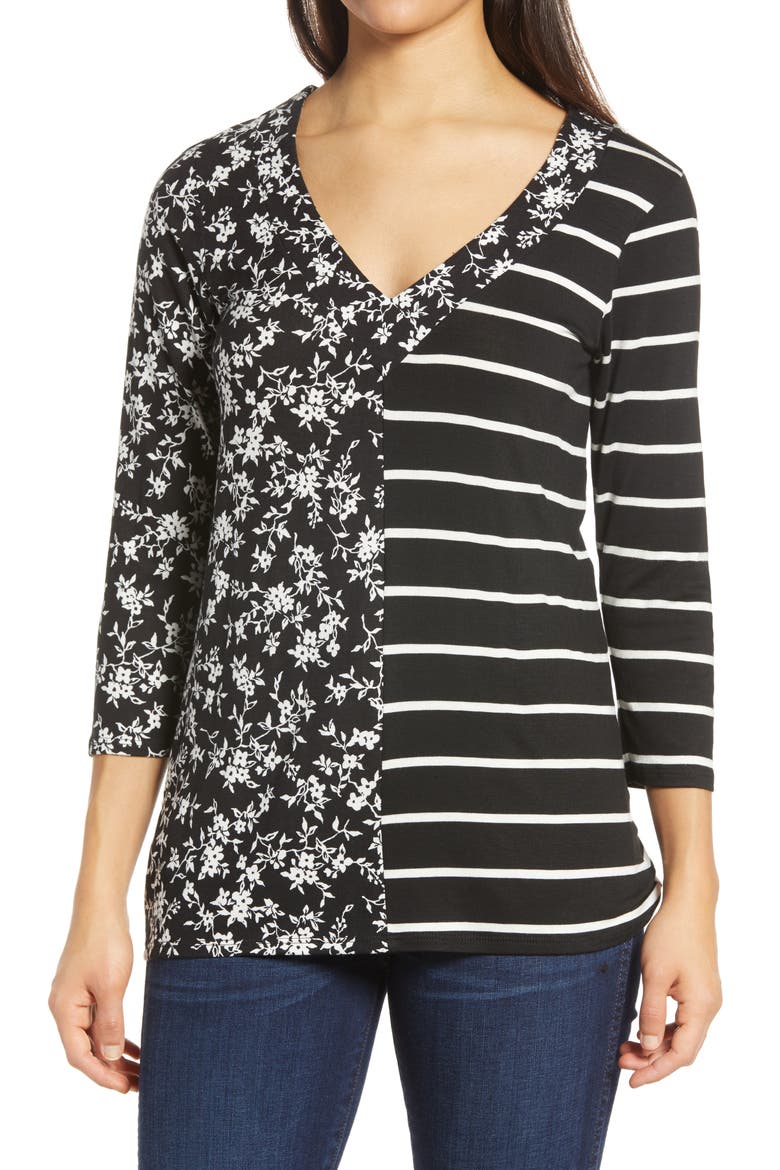 Floral Stripe Top, Main, color, BLACK/ IVORY