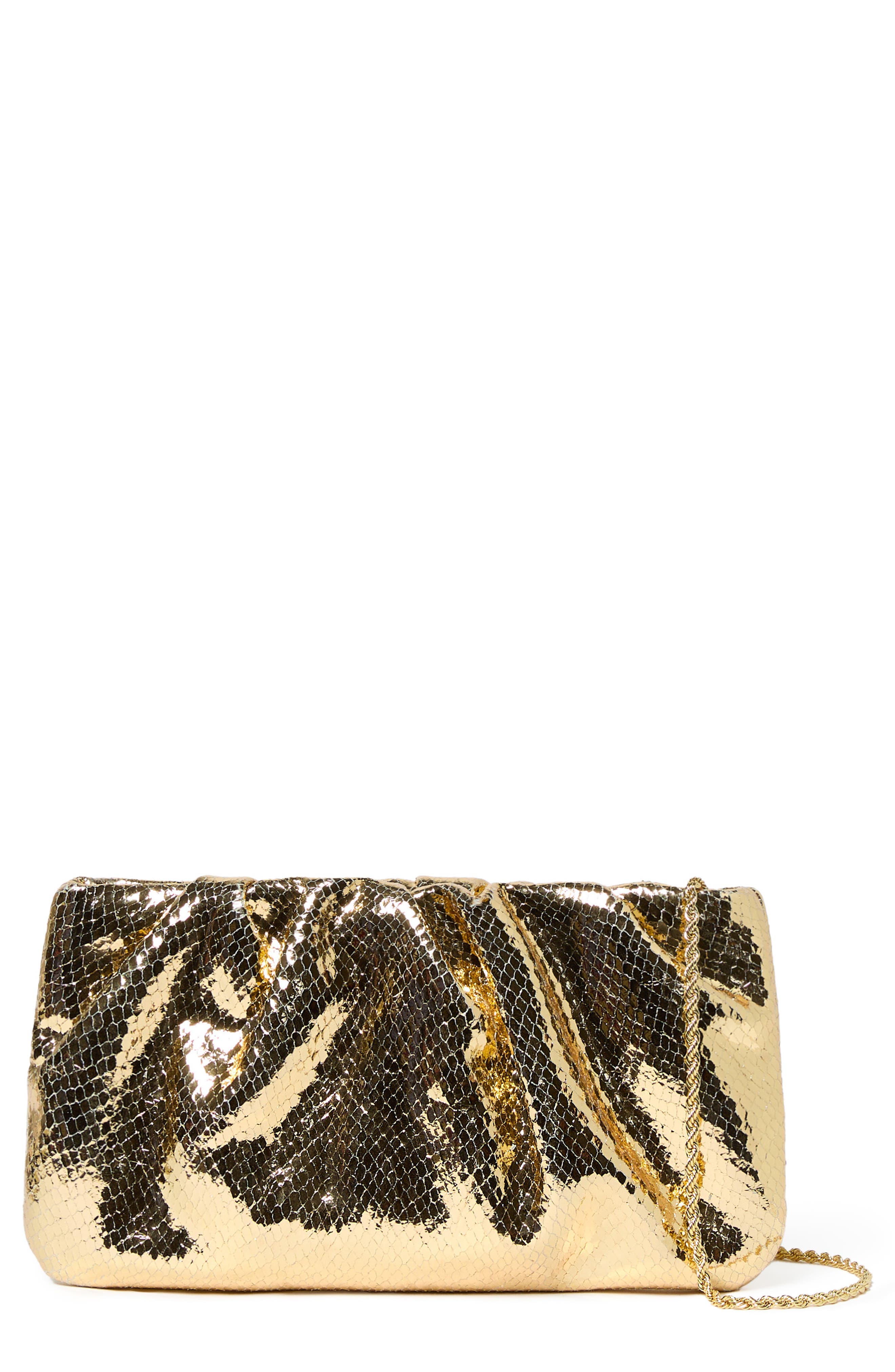 Loeffler Randall Serena Snakeskin Embossed Leather Clutch, Main, color, Light Gold