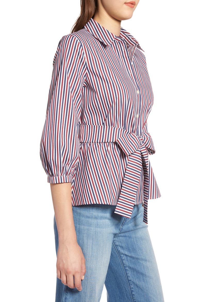 Belted Blouson Sleeve Blouse, Alternate, color, NAVY- BURGUNDY STRIPE