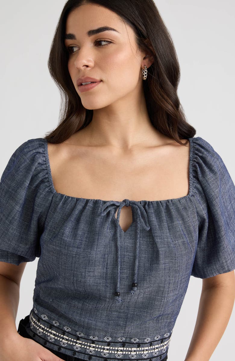NVLT Embroidered Puff Sleeve Crop Top, Alternate, color, Denim Blue