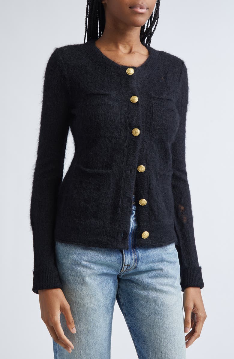 R13 Elongated Shrunken Distressed Mohair Blend Cardigan, Alternate, color, Black