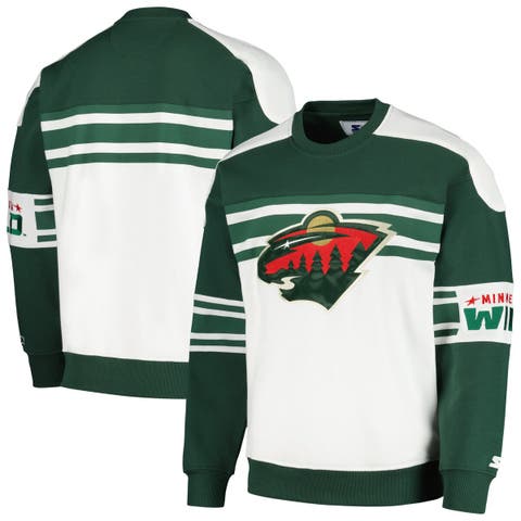 Men's Starter White Minnesota Wild Defense Fleece Crewneck Pullover Sweatshirt