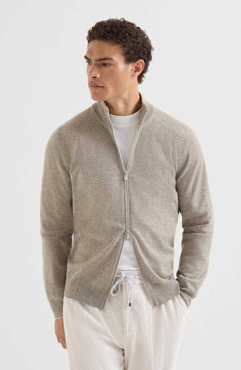 Brunello Cucinelli Cashmere high-neck cardigan with zipper, Main, color, Grey