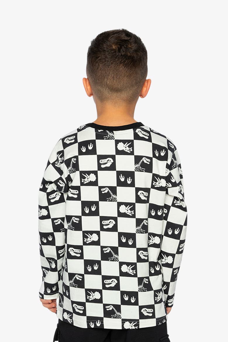 Organic Cotton Checkerboard Dino Icon Long Sleeve T-Shirt, Alternate, color, Black and White Checker